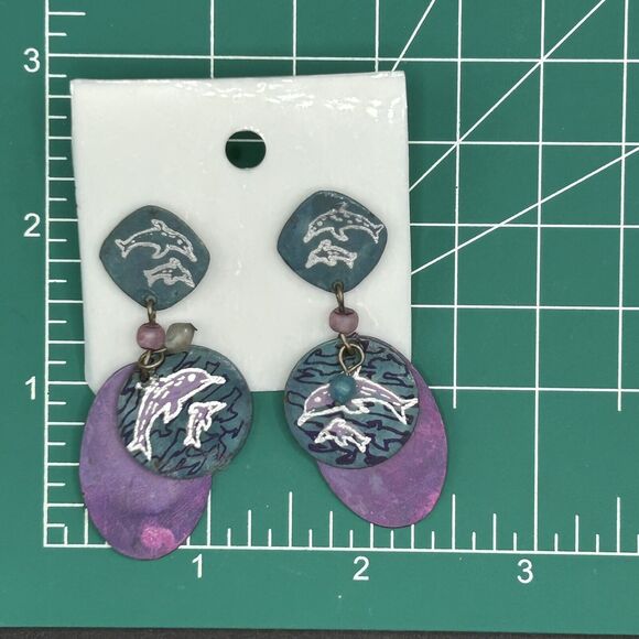 Vintage Turquoise Purple Metal Dangles Chain Dolphin Necklace Dangle Earrings - Picture 13 of 14